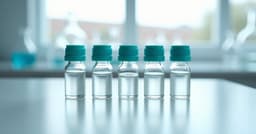 Five identical capped vials standing in a row on a white bench